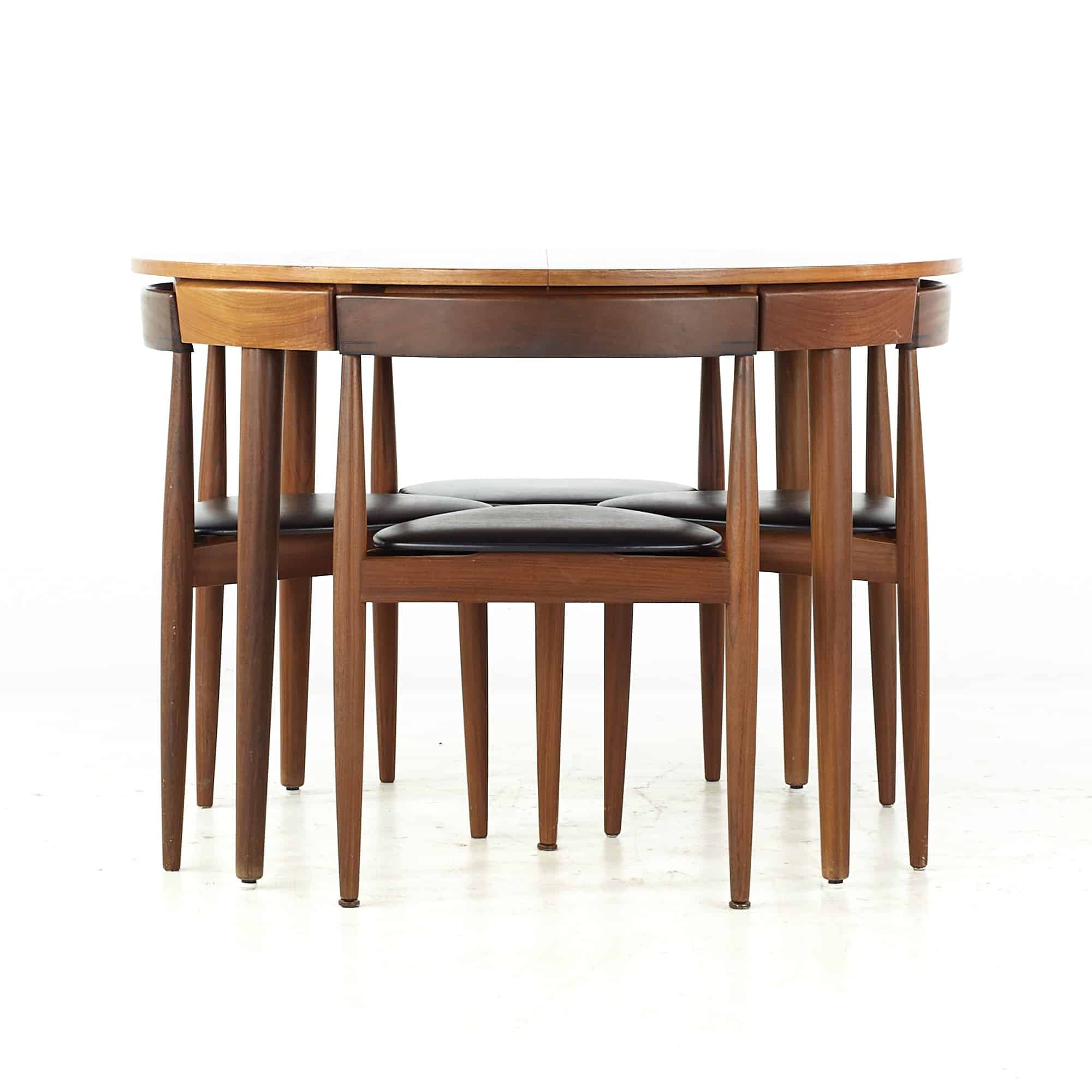Hans Olsen For Frem Rojle Mid Century Expanding Teak Dining Table with Nesting Chairs- Set of 6