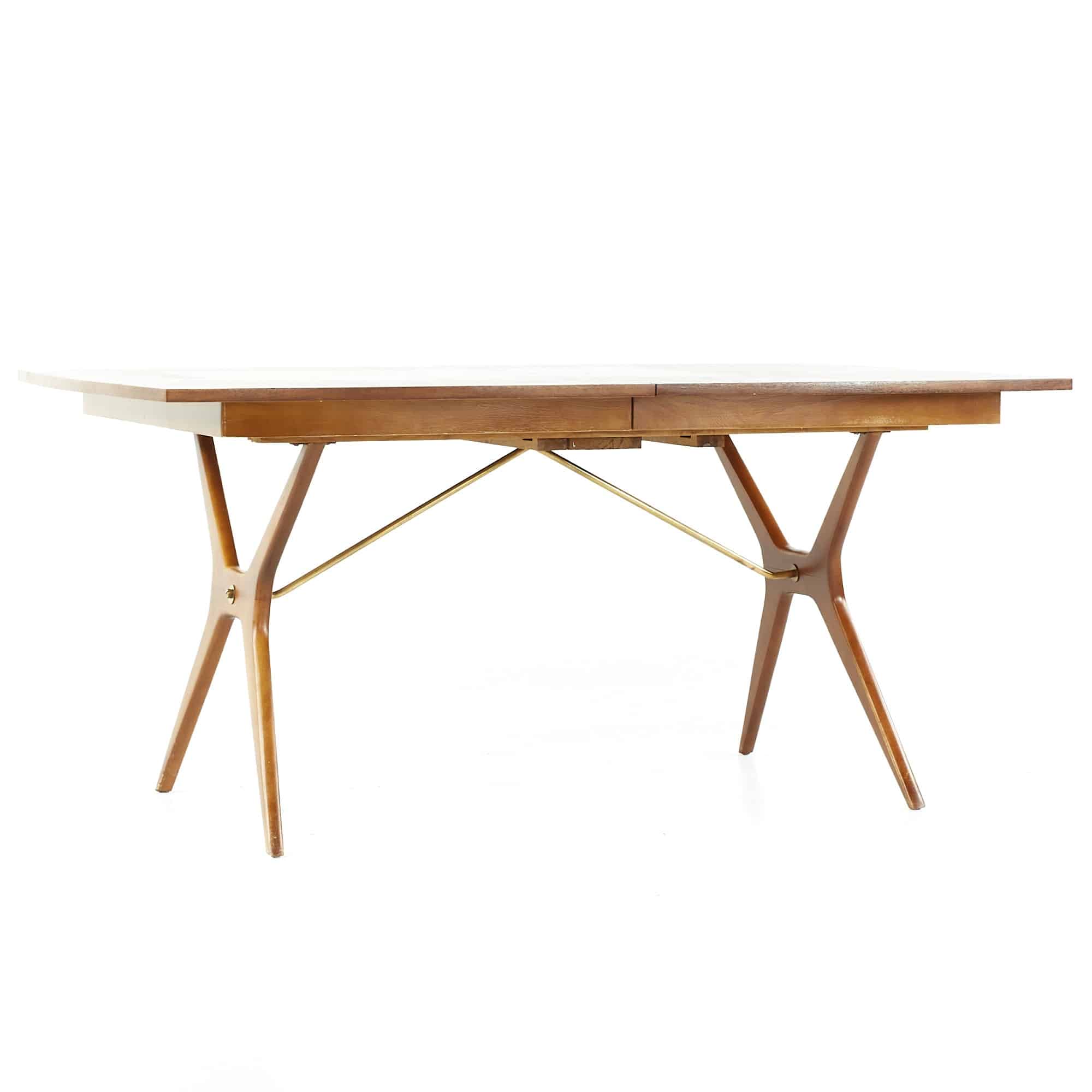 Rway Mid Century Walnut and Brass Expanding Dining Table with 2 Leaves