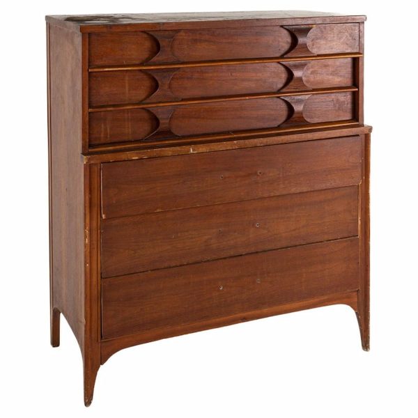 kent coffey perspecta mid century walnut and rosewood 5 drawer highboy dresser