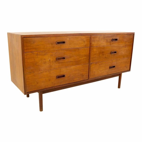 jack cartwright for founders  mid century modern danish style walnut 6 drawer lowboy dresser