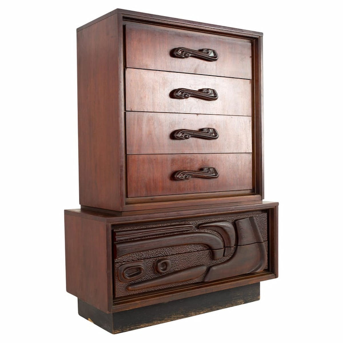 Witco Style Pulaski Mid Century Oceanic Brutalist Pedestal Base 6 Drawer Gentlemans Chest Highboy