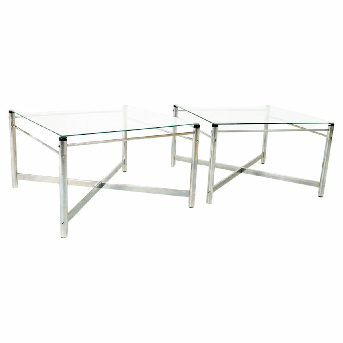 Milo Baughman Style Mid Century X Base Chrome and Glass Side End Tables - Pair