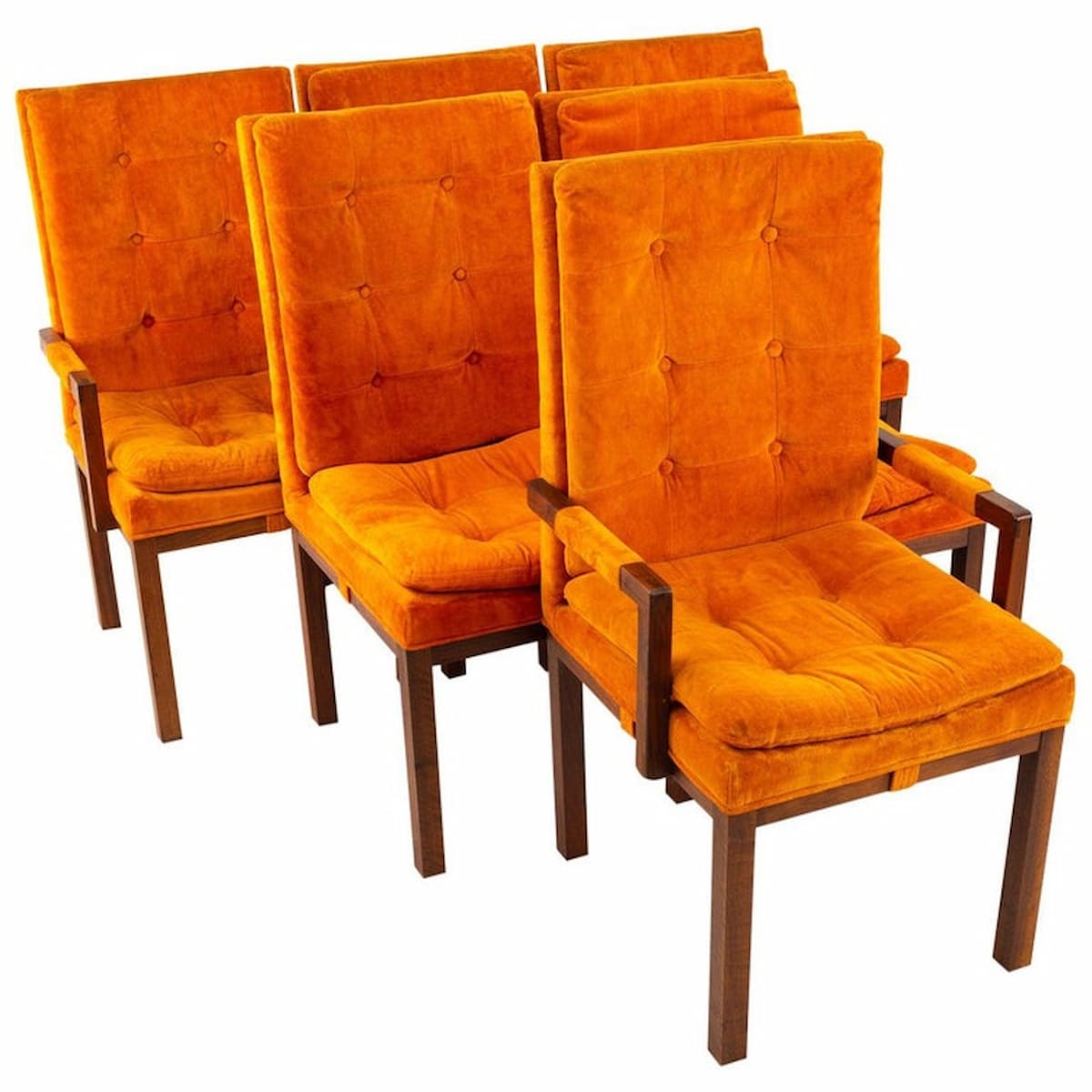 Milo Baughman Style Dillingham Orange and Walnut Upholstered Dining Chairs - Set of 6
