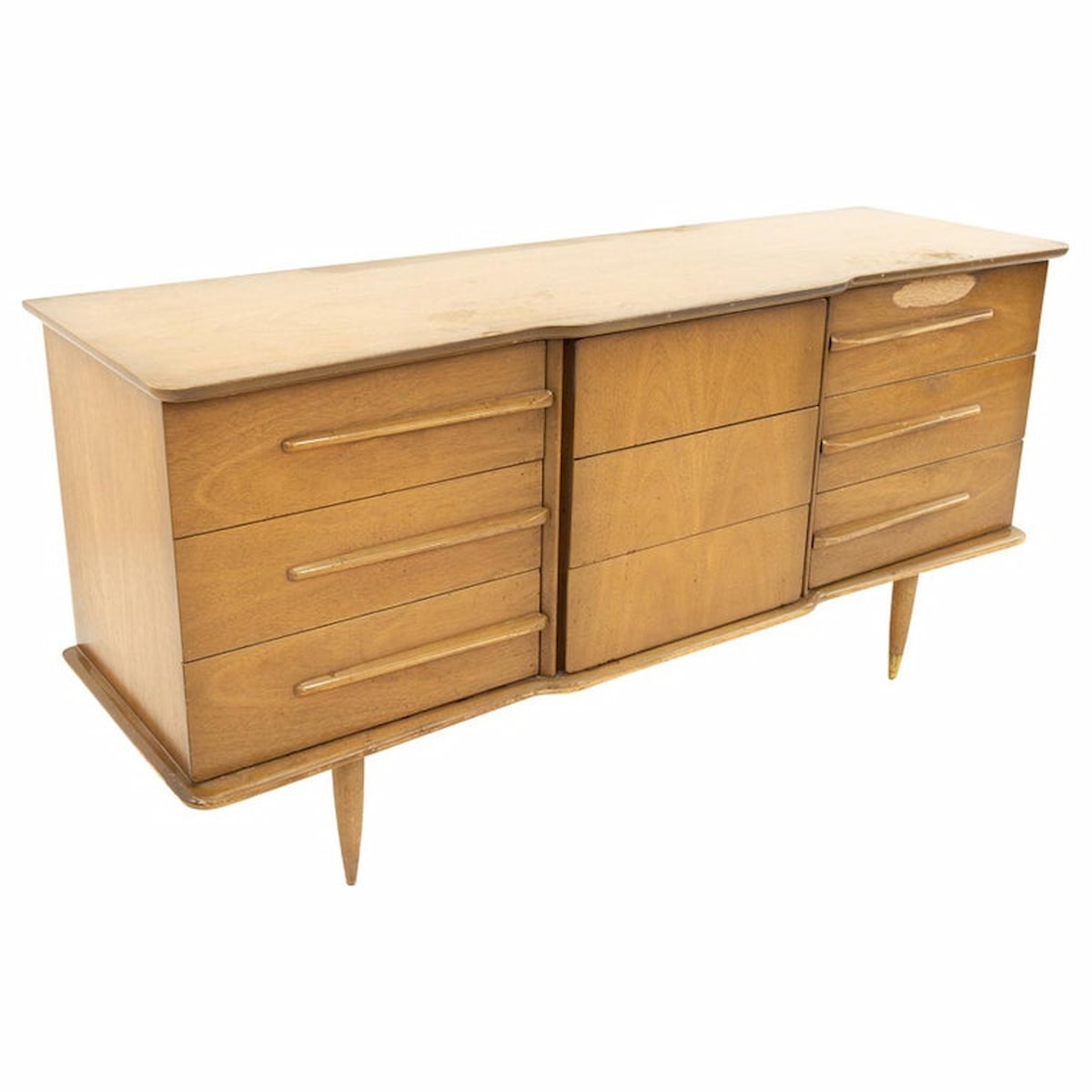 United Furniture Mid Century Walnut 9 Drawer Lowboy Dresser