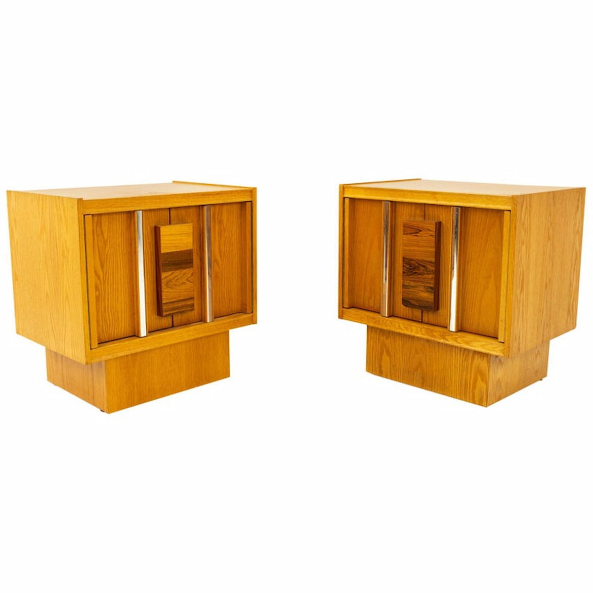 Mid Century Brutalist Oak Rosewood and Chrome Nightstands - Pair