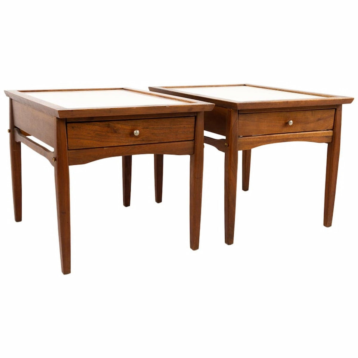 Mid Century Walnut and White Laminate Side End Tables - Pair