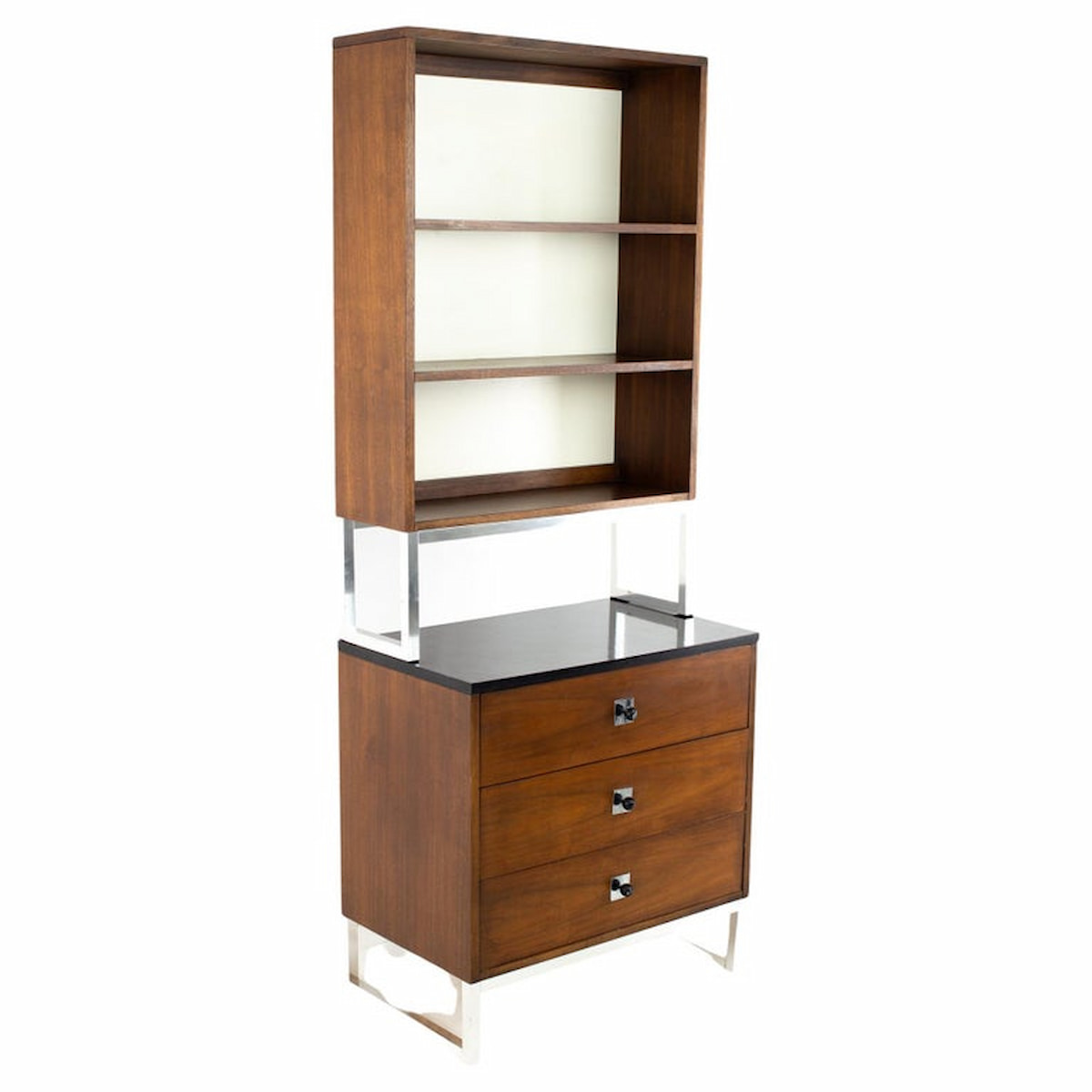 George Nelson Style Thomasville Mid Century Walnut Chrome and Black Formica Bookcase