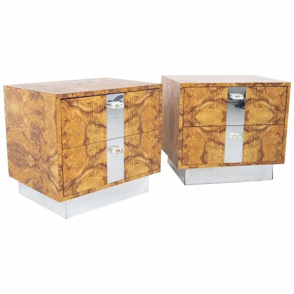 mid century burlwood laminate lucite and chrome nightstands - pair