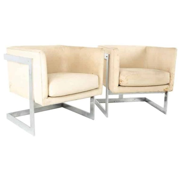 milo baughman for thayer coggin mid century floating chrome club lounge chairs - pair