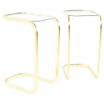 Milo Baughman Style Brass and Glass Cantilever Side End Tables - a Pair