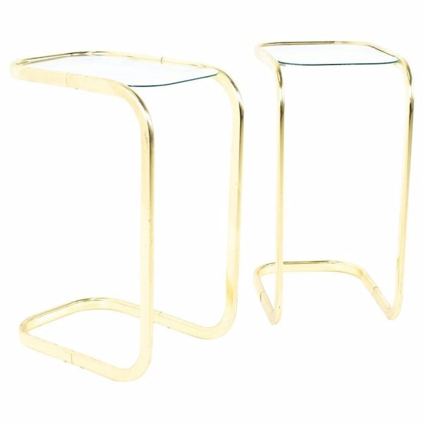 milo baughman style brass and glass cantilever side end tables - a pair