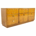 Drexel Heritage Consensus Mid Century Pecan and Brass 9 Drawer Lowboy Dresser