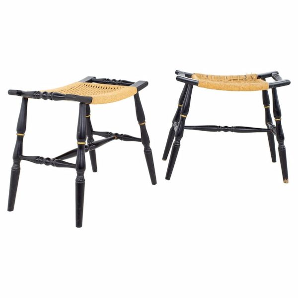 mid century black roped stool ottoman - a pair