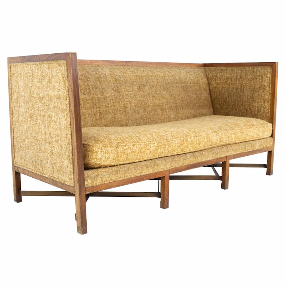 Paul Mccobb Style Mid Century Walnut and Brass Shelter Sofa