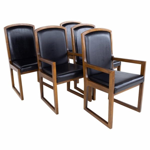 thomasville mid century walnut and black naugahyde sleigh leg dining chairs - set of 6