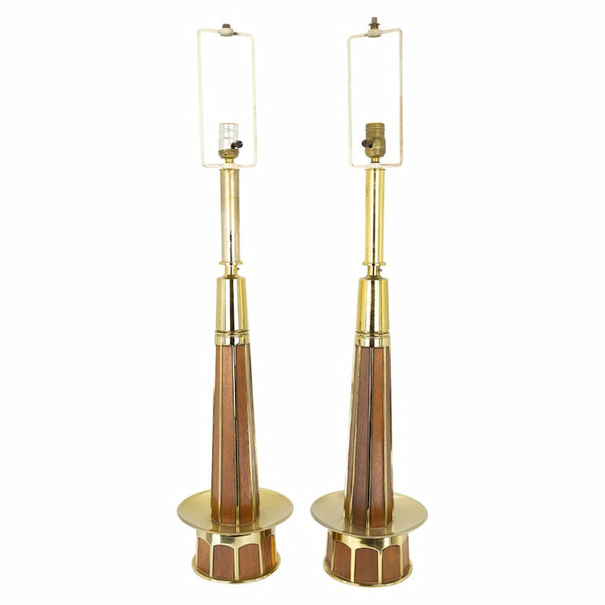 Laurel Lamp Company Mid Century Brass and Walnut Table Lamps - a Pair