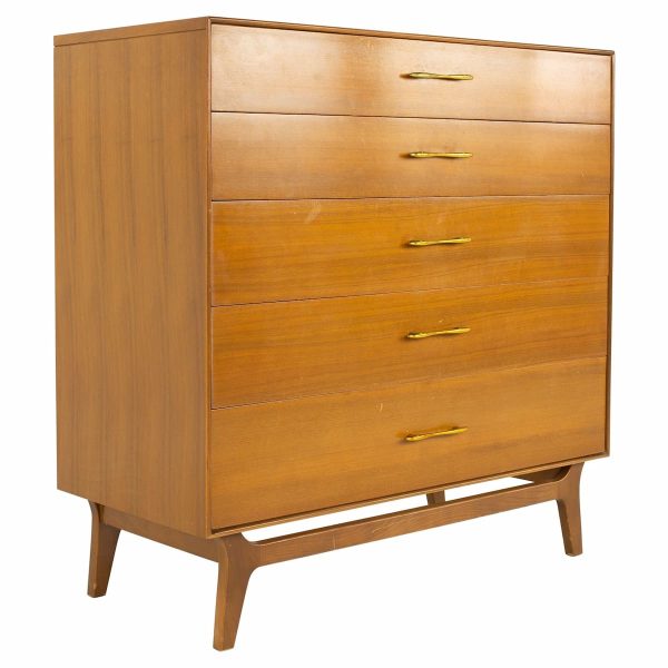 rway mid century 5 drawer walnut and brass highboy dresser