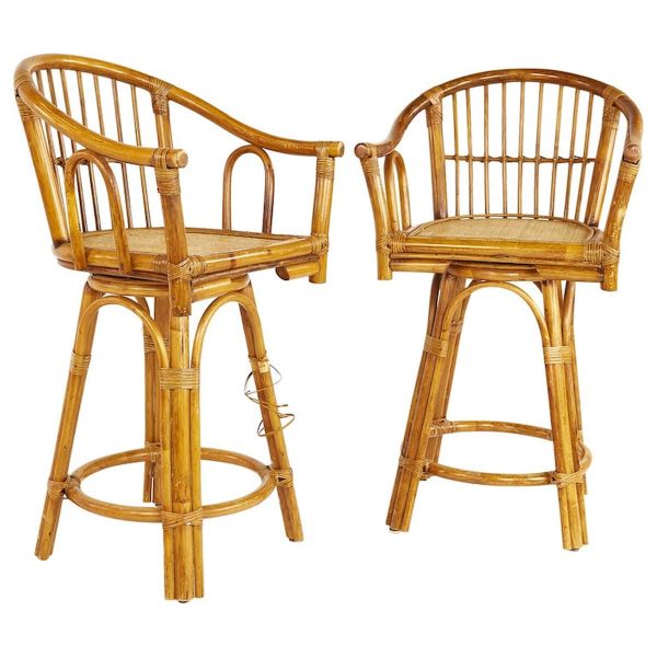 ficks reed style mid century bamboo rattan bar stools - pair