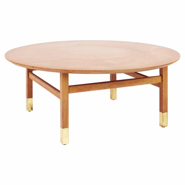 founders furniture company mid century walnut and brass round coffee table