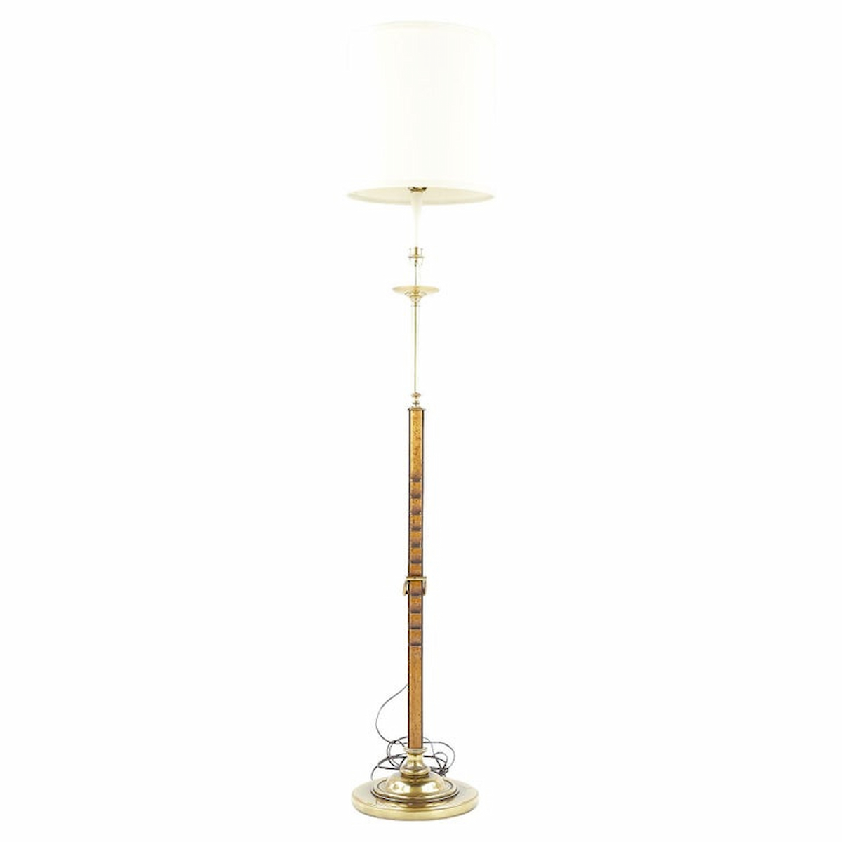 Frances Elkins Style Mid Century Brass and Burlwood Adjustable Floor Lamp