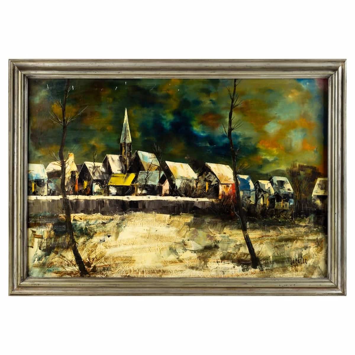 Mid Century Jacallo 'architectural Landscape' Signed Oil on Canvas Painting