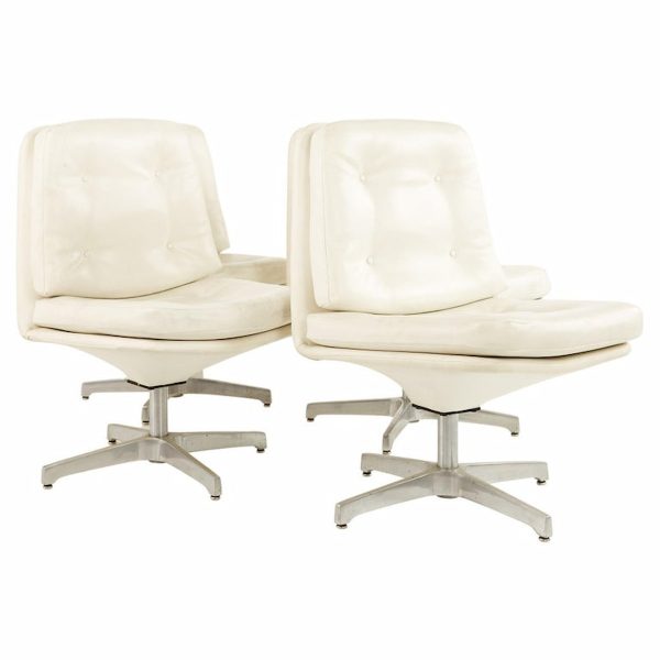 chromcraft style mid century white vinyl and aluminum tufted swivel dining chairs  - set of 4