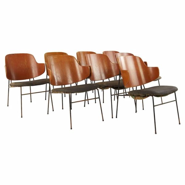 kofod larsen mid century penguin wrought iron and bent plywood dining chairs - set of 8