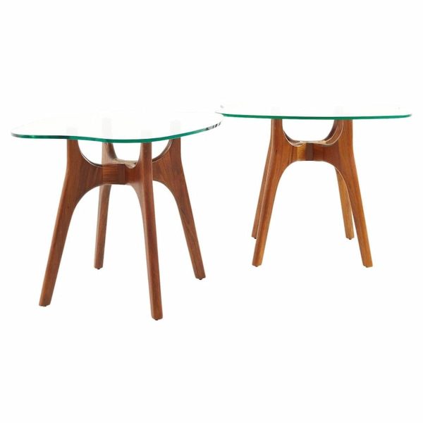 adrian pearsall style mid century walnut and glass stingray end tables - a pair