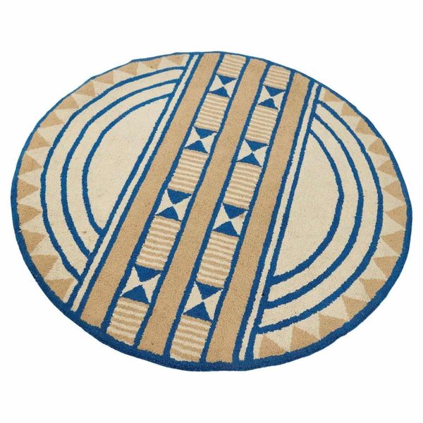 Mid Century Acrylic High Pile Blue and Beige Round Rug