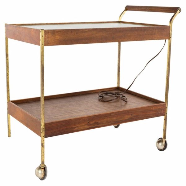 paul mccobb style mid century walnut and brass bar cart