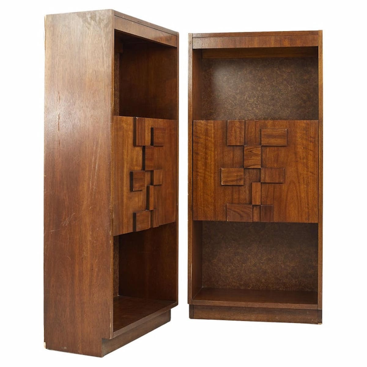 Lane Brutalist Mid Century Staccato Walnut Drop Down Bar Cabinet - a Pair