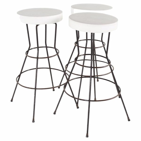 weinberg style mid century white vinyl and iron stools - set of 3