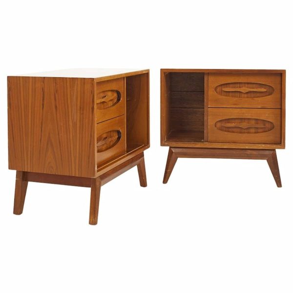 young manufacturing mid century walnut nightstands - a pair