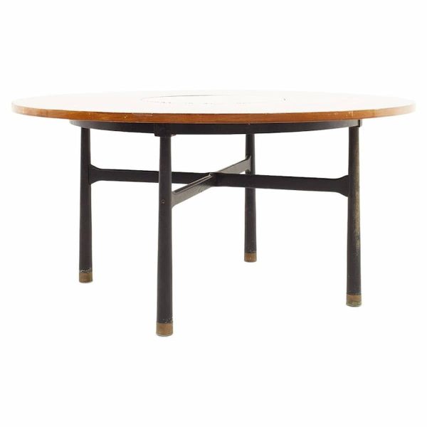harvey probber mid century round ebonized walnut terrazzo and brass dining table