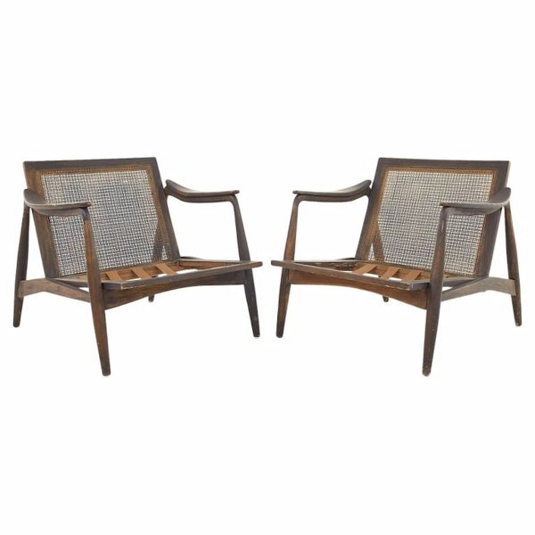 lawrence peabody for richardson nemschoff mid century ebonized walnut and cane lounge chairs - a pair