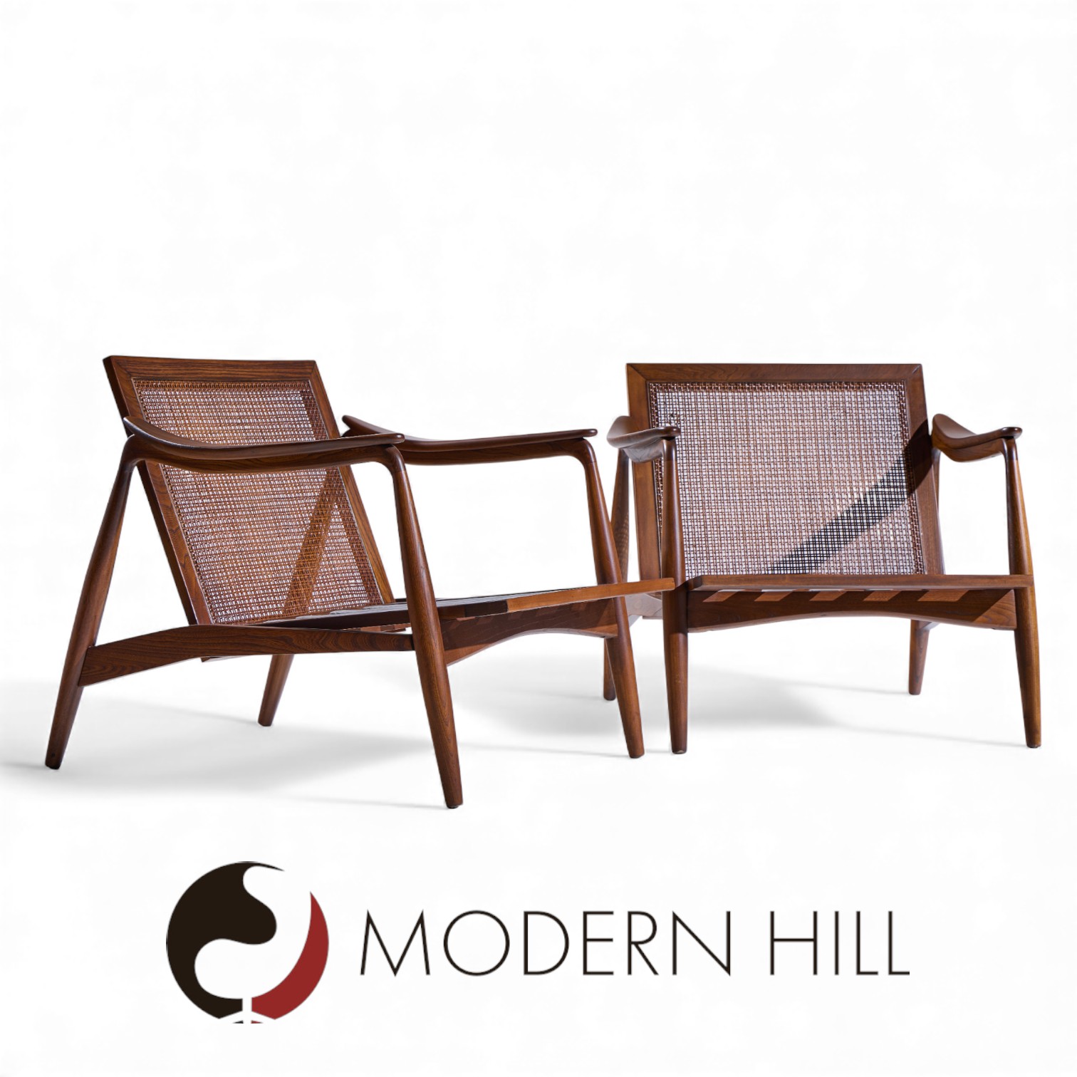 lawrence peabody for richardson nemschoff mid century ebonized walnut and cane lounge chairs - a pair