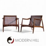 lawrence peabody for richardson nemschoff mid century ebonized walnut and cane lounge chairs - a pair
