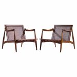 lawrence peabody for richardson nemschoff mid century ebonized walnut and cane lounge chairs - a pair