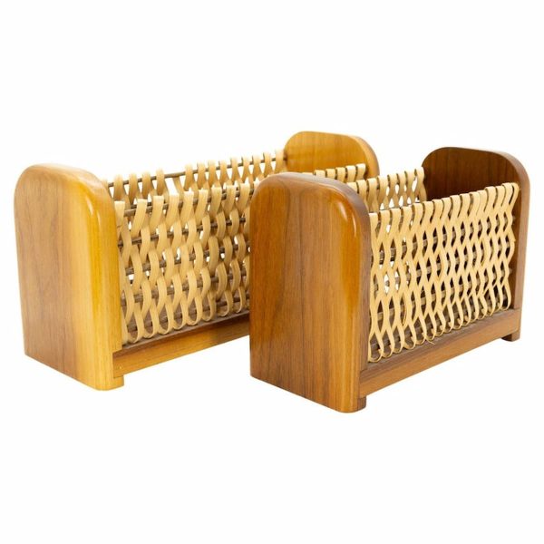 mid century wood and wicker baskets