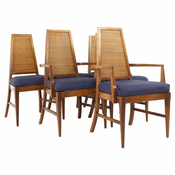 young manufacturing mid century walnut cane back dining chairs - set of 6