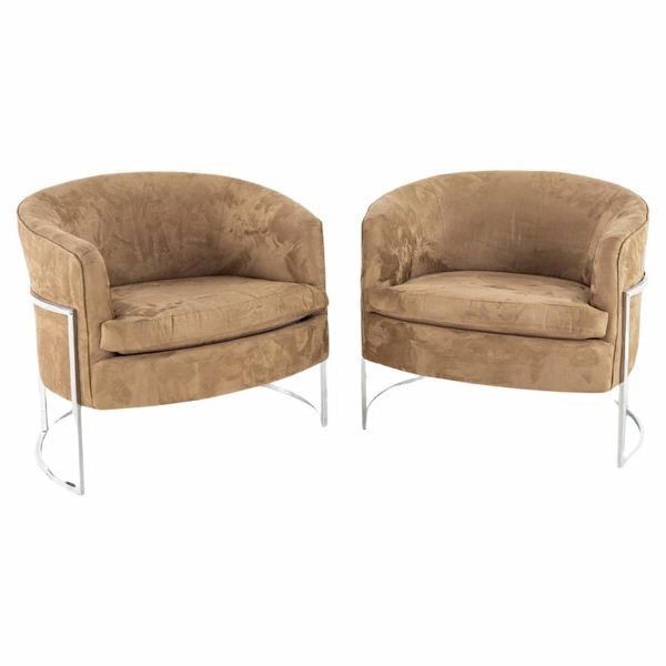 milo baughman style mid century chrome lounge chairs - set of 2