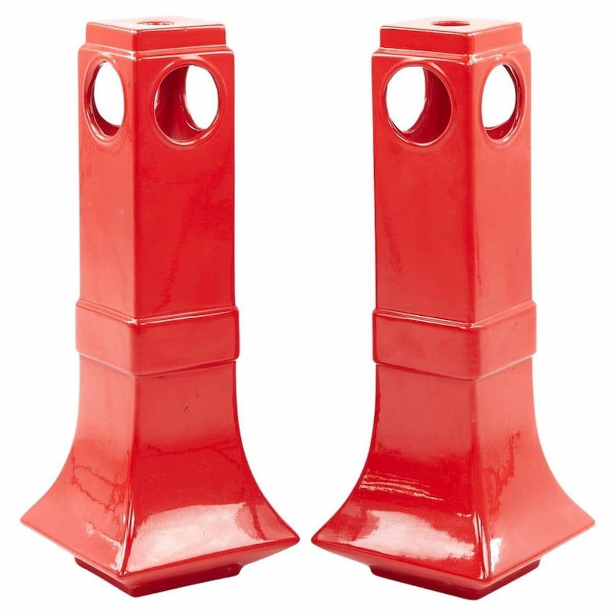 Mid Century Red Ceramic Pottery Stands - a Pair