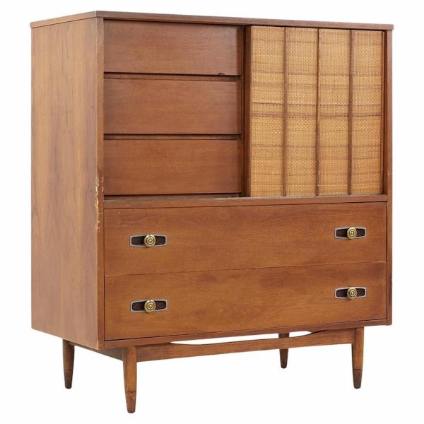 mainline by hooker mid century walnut and cane 8 drawer highboy dresser