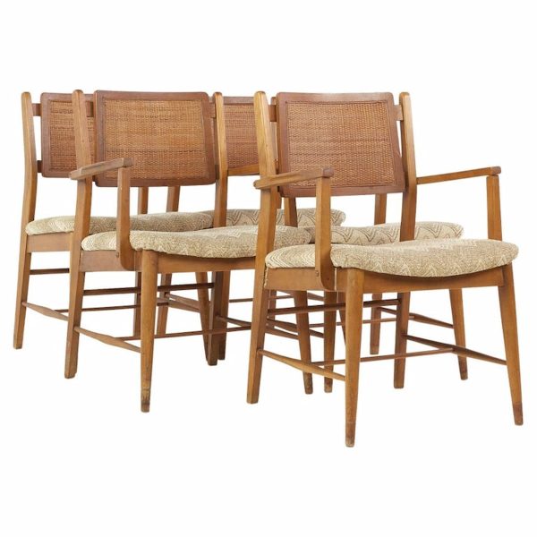 mainline by hooker mid century walnut and cane dining chairs - set of 5