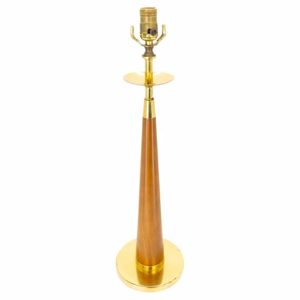 mid century teak and brass cone shaped table lamp