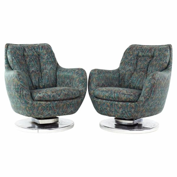 milo baughman style mid century chrome base swivel tilt chairs - pair