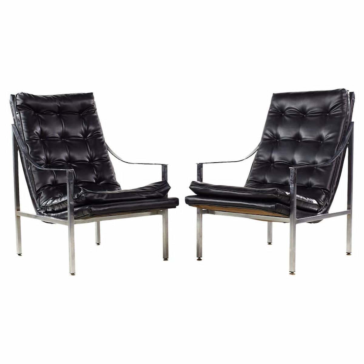 Milo Baughman Style Mid Century Chrome Tufted Lounge Chairs - Pair