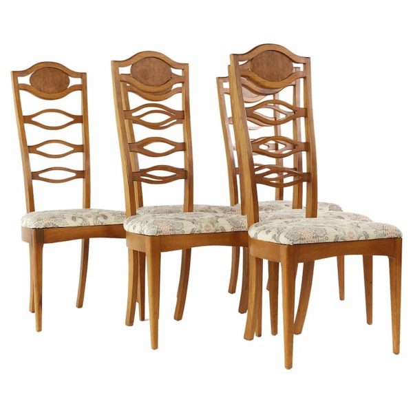 young manufacturing mid century walnut and burlwood side dining chairs - set of 6