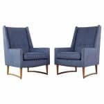 Grete Jalk Style Mid Century Sleigh Leg High Back Lounge Chairs - Pair