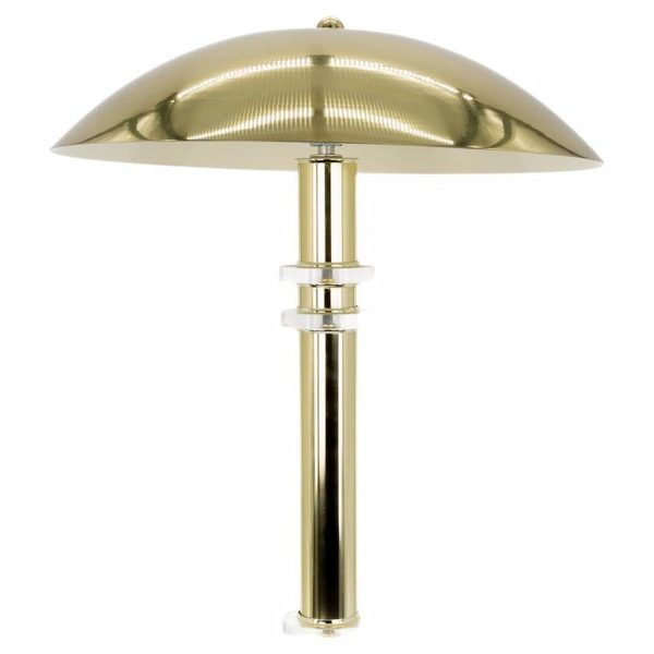 mid century brass & lucite ufo table lamp with aluminum dome shade
